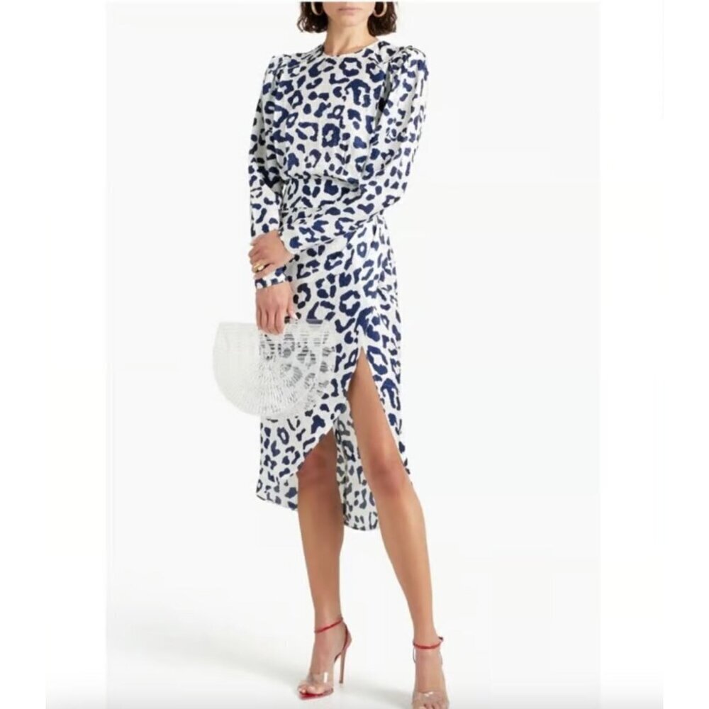 Ronny Kobo Jade Silk Midi Dress Animal Print Navy Blue White Womens Size Small